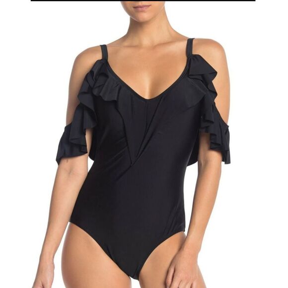 Nicole Miller Ruffled Cold Shoulder One Piece Swimsuit NWT Size Small - Picture 1 of 6